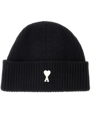 Ami Paris Beanie With Contrast Ami De Coeur - Black