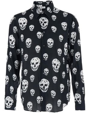 McQueen Shirt With All-Over Skull Print And Pointed Collar - Blue