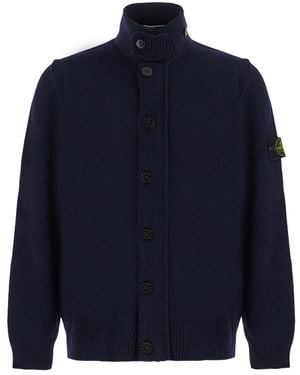 Stone Island Cardigan With High Collar And Logo Patch On The Slee - Blue