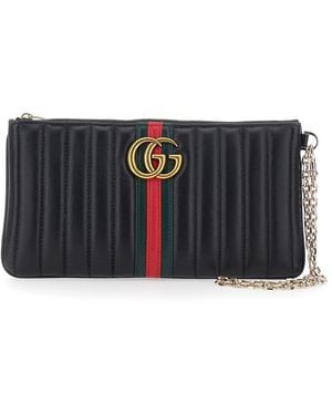 Gucci Clutch 'Marmont' Con Tracolla A Catena E Nastro Web Con Placca - Nero