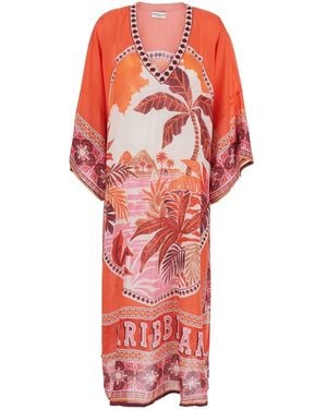 Miss June 'Keira' Kaftan With V-Neck And All-Over Floral Print In - Red