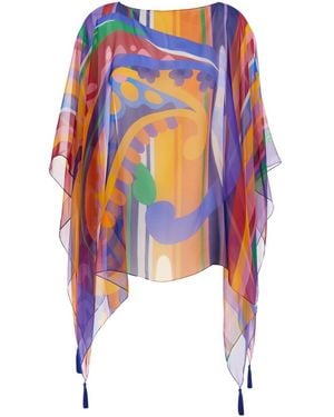 Etro Cape With All-Over Print And Tassel Details - Blue
