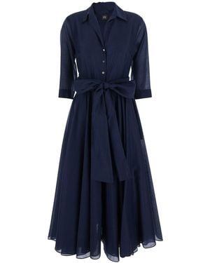 Le Plain Long Dress With Adjustable Waist Belt And Cuban Collar In - Blue