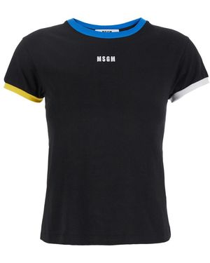 MSGM T-Shirt With Embroidered Logo On The Front And Contrasting Edges - Black