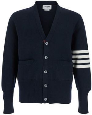 Thom Browne Cardigan With V Neck And Striped Detail On The Sleeve - Blue