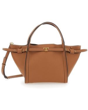 Tod's Medium Tote Bag T Timeless With Plaque On The Front And Adjustable Removable Leather Strap For Calf - Brown