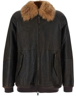Brunello Cucinelli Leather Jacket With Fur Collar Coat - Black