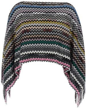 Missoni Viscose Knit Poncho With Zigzag Pattern And Fringes - Multicolor