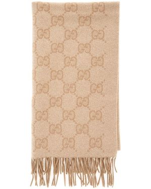 Gucci Scarf With Fringed Hem And Gg All-Over Motif - Natural