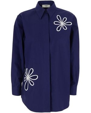 Fendi Shirt With Classic Collar And Floral Embroidery - Blue