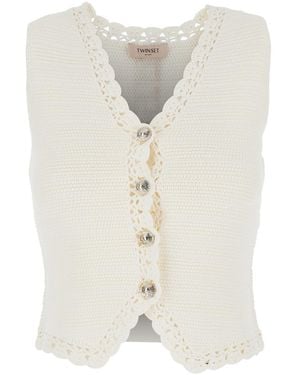 Twinset V-Neck Crochet Knit Vest - White