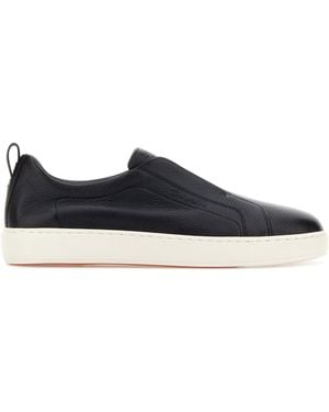 Santoni Dark Blue Leather Victory Slip Ons - Black