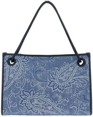 Etro Embroidered Denim Medium Eyes Shopping Bag - Blue