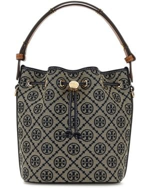 Tory Burch Embroidered Fabric Mini T Monogram Bucket Bag - Black