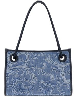 Etro Embroidered Denim Small Eyes Shopping Bag - Blue