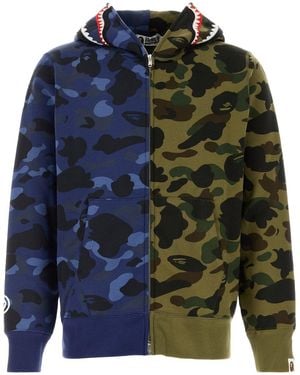 A Bathing Ape Printed Cotton Split Camo Shark Sweatshirt - Blue
