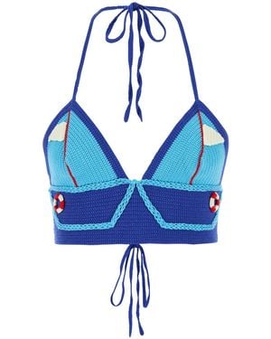 MY BEACHY SIDE Two-tone Crochet Bateau Crop-top - Blue