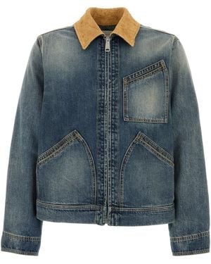 McQueen Washed Ddenim Jacket With Suede Collar - Blue
