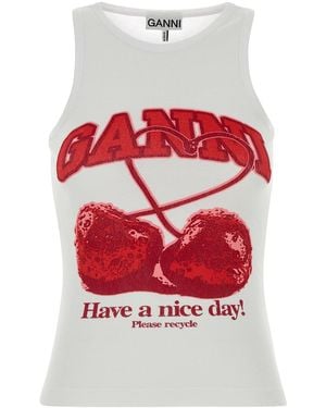 Ganni White Cotton Tank Top - Red