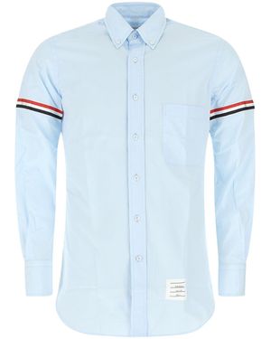 Thom Browne Light Long-Sleeve Button-Up Shirt With Contrast Stripes - Blue