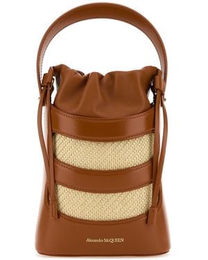 McQueen Borsa a secchiello The Rise mini bicolor in pelle e rafia - Marrone