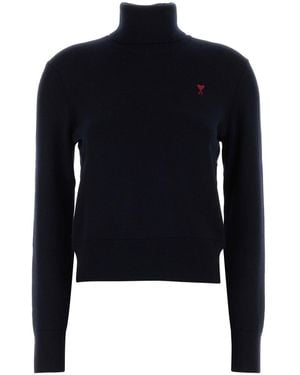 Ami Paris Logo Turtle Neck Sweater - Blue