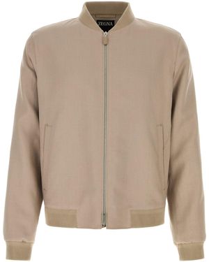 ZEGNA Cappuccino Linen Bomber Jacket - Natural