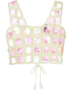 MY BEACHY SIDE Ivory Crochet Riviera Crop-top - Pink