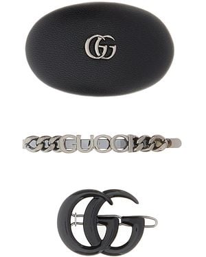 Gucci Set di fermagli per capelli neri in pelle e metallo - Nero