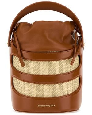 McQueen Two-Tone Leather And Raffia The Rise Bucket Bag - Brown