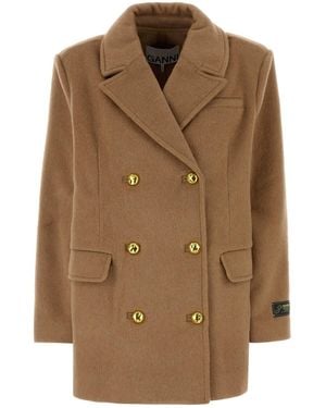 Ganni Camel Wool Blend Coat - Brown