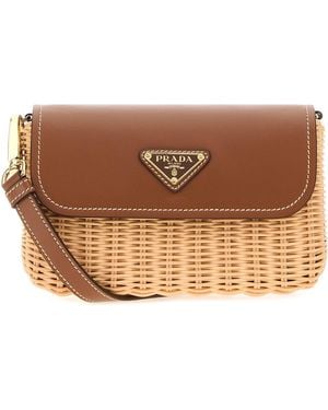 Prada Borsa a tracolla bicolor in midollino e pelle - Marrone