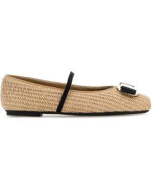 Ferragamo Raffia Zina Ballerinas - White