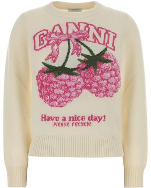 Ganni Ivory Wool Blend Sweater - Pink