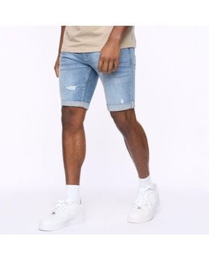 Crosshatch Riptrey Scratch Detail Denim Shorts - Blue