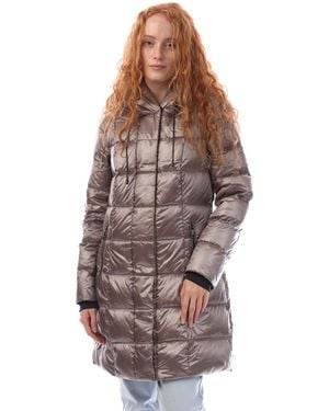 DKNY Zip Front Down Filled Long Puffer Jacket - Brown