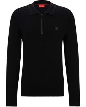 HUGO Sastoon Stacked Logo Zip-neck Knit Polo Shirt - Black