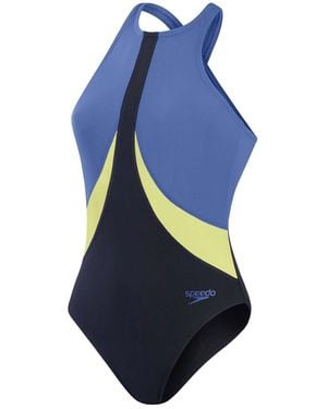 Speedo Colourblock Highneck Crossback Swimsuit - Blue