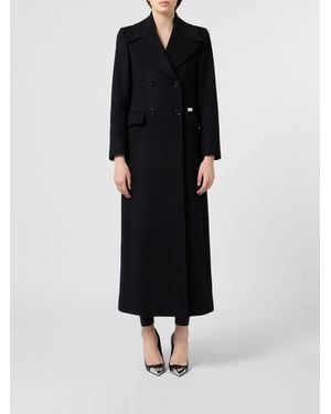 Philipp Plein Long Double-Breasted Wool Coat With Skull Print And Crystals - Black