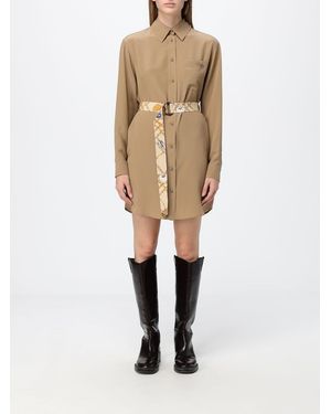 Burberry Silk Mini Shirt Dress With Classic Collar And Waist Belt - Natural