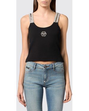 Philipp Plein Cropped Cotton Top With Jewel Straps And Rhinestone Logo - Black