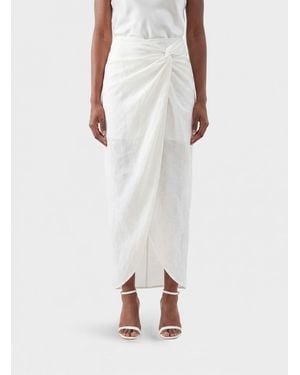 LeKasha Draped Linen Midi Sarong Skirt With Front Slit - White