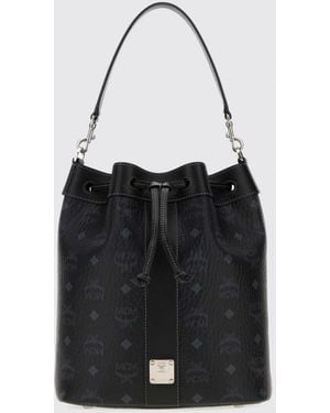 MCM Dessau Visetos Monogram Coated Cotton Bucket Bag With Drawstring - Black