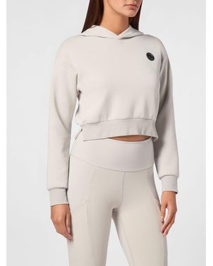 Philipp Plein Cropped Hooded Jersey Sweatshirt With Contrasting Logo - Natural