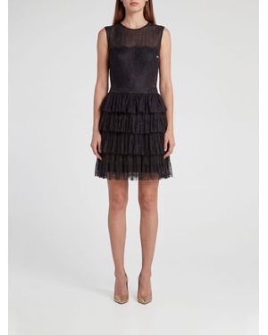Elisabetta Franchi A-Line Off-The-Shoulder Lace And Tulle Mini Dress With Ruffles - Black