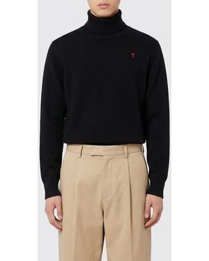 Ami Paris Rollkragenpullover Aus Merinowolle Mit Logo - Schwarz