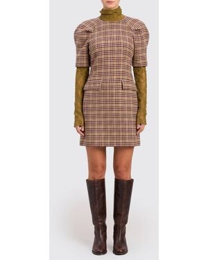 Twinset Houndstooth Sheath Mini Dress With Puff Sleeves And Lace Inserts - Natural