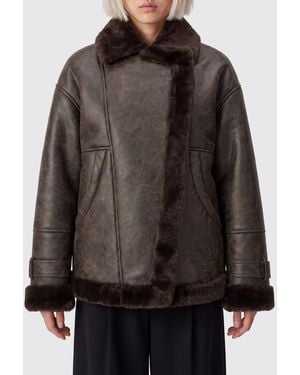 Liu Jo Cropped Faux Leather Aviator Jacket With Faux Fur Lining - Brown