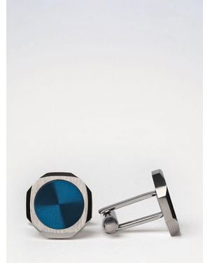 D1 Milano Two-Tone Steel Cufflinks With Rounded Shape And Engraved Logo - Blue