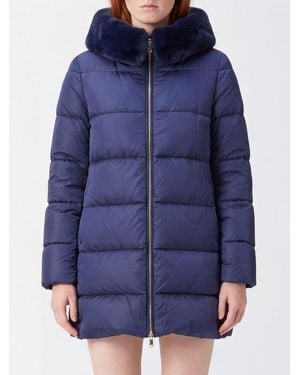 Herno Knielanger, Wasserabweisender Daunenmantel Aus Technischem Satin Mit Shearling-Kapuze - Blau